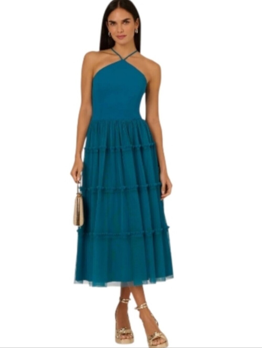 Adrianna By Adrianna Papell Mixed Media Tiered Cocktail Midi-Dress In Peacock
